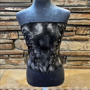 AKIRA Run This Town Stretch Denim Fitted Corset Top Black Acid Wash Riveted